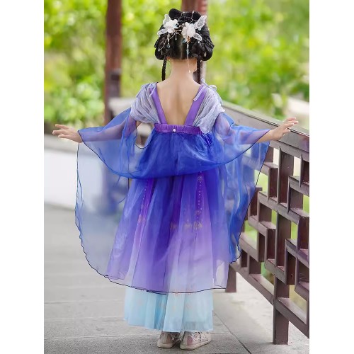 Girls exotic Violet purple Hanfu chinese folk dance dress fairy princess cosplay dress kids short sleeve princess queen skirts for child